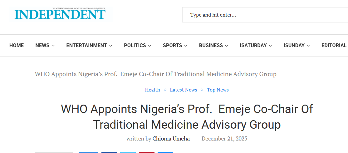 You are currently viewing WHO Appoints Nigeria’s Prof. Emeje Co‑Chair of Traditional Medicine Advisory Group